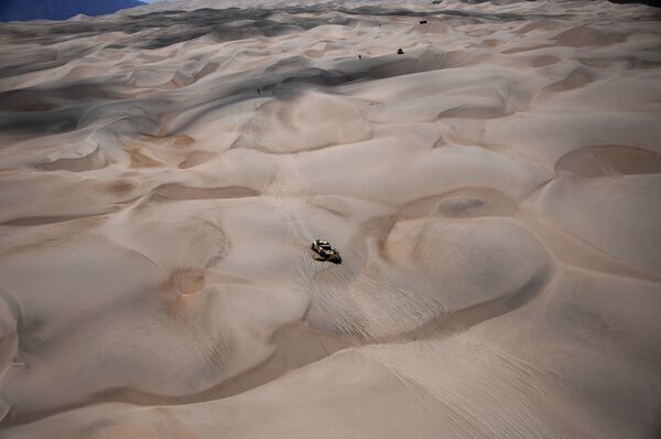 فريق فرنسا - سائقا سيارة بيجو الفرنسيان سيباستيان لويب ومساعده دانيال يلينا، خلال المرحلة السادسة من سباق رالي داكار 2019 بين أريكيبا وسان خوان دي ماركونا، بيرو 13 يناير/ كانون الثاني 2019 - سبوتنيك عربي