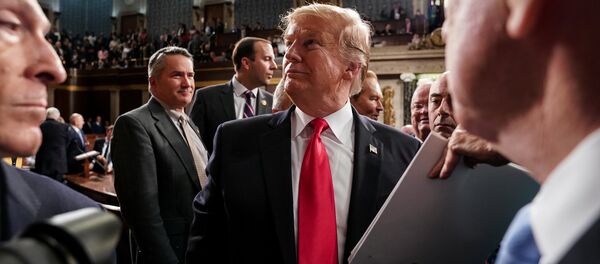 الرئيس الأمريكي دونالد ترامب يلقي خطاب حالة الاتحاد الثاي له، أمام الكونغرس الأمريكي في قاعة مجلس النواب في الكابيتول الأمريكي في كابيتول هيل في واشنطن، الولايات المتحدة في 5 فبراير/ شباط 2019 - سبوتنيك عربي