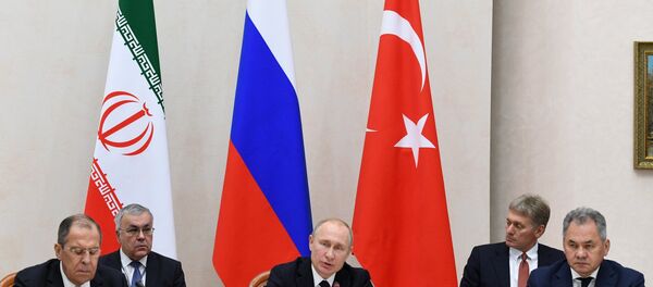 الرئيس الروسي فلاديمير بوتين ونظيره التركي رجب طيب أردوغان والإيراني حسن روحاني في لقاء سوتشي، روسيا 14 فبراير/ شباط 2019 - سبوتنيك عربي