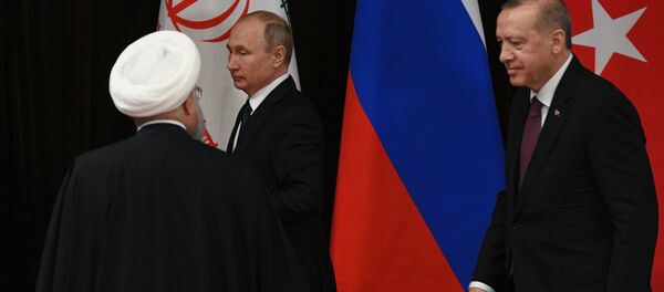 الرئيس الروسي فلاديمير بوتين ونظيره التركي رجب طيب أردوغان والإيراني حسن روحاني في لقاء سوتشي، روسيا 14 فبراير/ شباط 2019 - سبوتنيك عربي