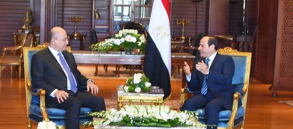 الرئيس المصري عبد الفتاح السيسي يلتقي رئيس الجمهورية العراقي برهم صالح، على هامش انعقاد أعمال القمة العربية - الأوروبية  في شرم الشيخ - سبوتنيك عربي