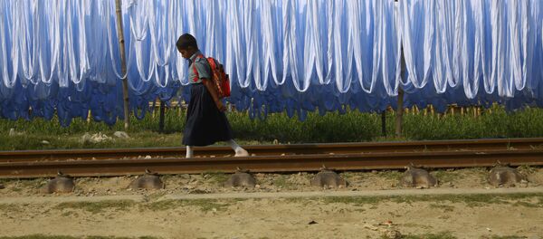 تلميذة تسير على السكة الحديدية في نارايانغانج، بنغلاديش 25 مارس/ آذار 2019 - سبوتنيك عربي