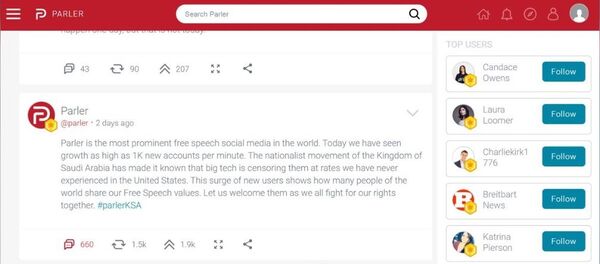 تدوينة موقع بارلر على انضمام آلاف السعوديين إلى منصتها للتواصل الاجتماعي تدوينة موقع بارلر على انضمام آلاف السعوديين إلى منصتها للتواصل الاجتماعي - سبوتنيك عربي