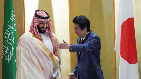 ولي العهد السعودي الأمير محمد بن سلمان ورئيس الوزراء الياباني شينزو آبي في أثناء لقائهما في أوساكا - سبوتنيك عربي