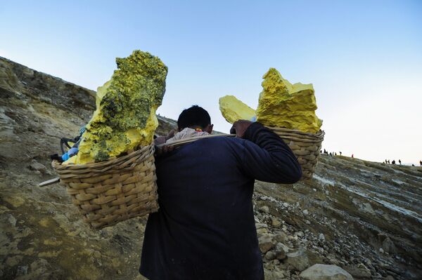 عامل منجم ينقل سلال الكبريت الصلب من مقلع يقع على البركان النشط كواه آيجن (Kawah Ijen) في إندونيسيا. يسود الفقر في المنطقة، والعمال ليس لديهم ملابس خاصة لهذه الوظيفة، ومتوسط الأجور، يتراوح بين 7-8 دولارات في اليوم. يقوم كل عامل منجم بنقل 75-90 كغم من الكبريت من المنجم في رحلة واحدة. - سبوتنيك عربي