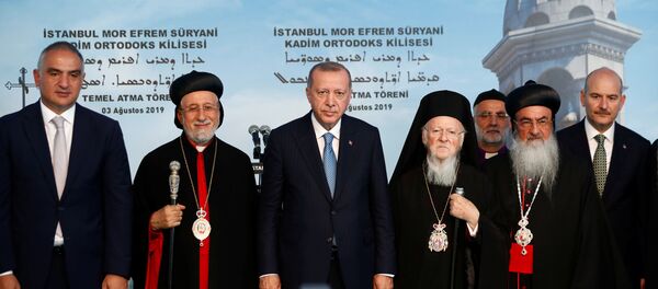 الرئيس التركي رجب طيب أردوغان خلال وضع حجر الأساس لكنيسة أرثوذكسية في إسطنبول - سبوتنيك عربي