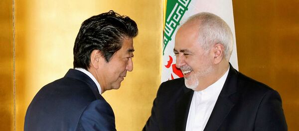 وزير الخارجية الإيراني محمد جواد ظريف خلال اجتماعه مع رئيس الوزراء الياباني شينزو آبي في طوكيو  - سبوتنيك عربي