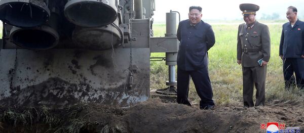 الزعيم الكوري الشمالي كيم جونغ أون، يوم يشرف على اختبار راجمة صواريخ عملاقة متعددة الفوهات، 10 سبتمبر 2019 - سبوتنيك عربي
