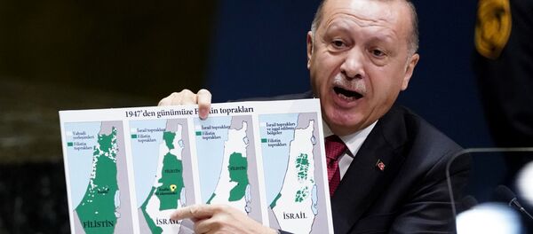 الرئيس التركي رجب طيب أردوغان يرفع خارطة فلسطين التاريخية في الأمم المتحدة. - سبوتنيك عربي