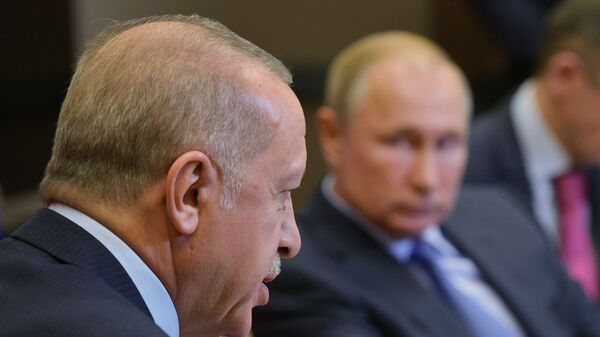 الرئيس التركي رجب طيب أردوغان يتحدث إلى نظيره الروسي فلاديمير بوتين خلال لقائهما في منتجع سوتشي على البحر الأسود في روسيا - سبوتنيك عربي