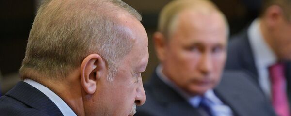 الرئيس التركي رجب طيب أردوغان يتحدث إلى نظيره الروسي فلاديمير بوتين خلال لقائهما في منتجع سوتشي على البحر الأسود في روسيا - سبوتنيك عربي