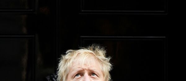 رئيس الوزراء البريطاني بوريس جونسون على خلفية باب إقامته في داونينغ ستريت في لندن، 28 أكتوبر 2019 - سبوتنيك عربي