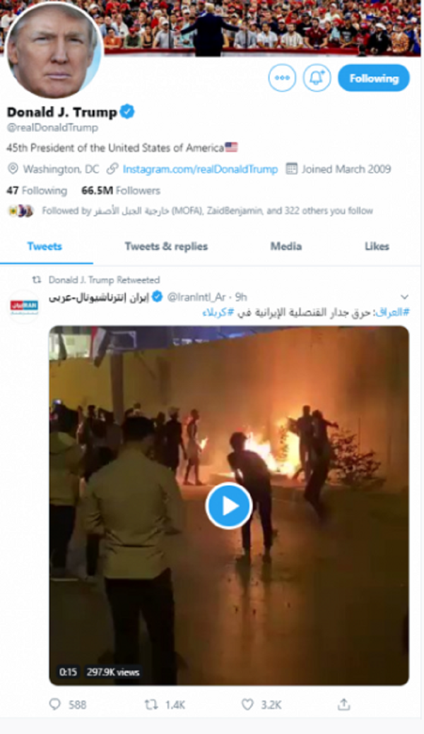 ترامب يعيد نشر تغريدة باللغة العربية... صورة ترامب يعيد نشر تغريدة باللغة العربية... صورة - سبوتنيك عربي