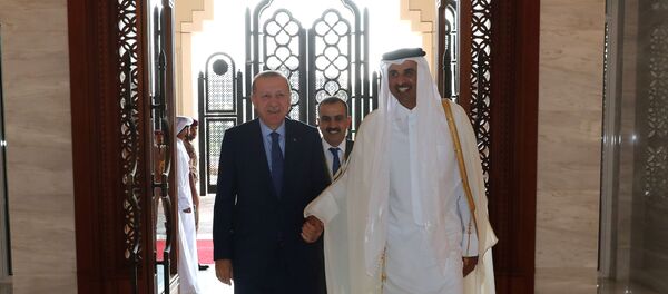 أمير قطر الشيخ تميم بن حمد آل ثاني يستقبل الرئيس التركي رجب طيب أردوغان في الديوان الأميري القطري في الدوحة - سبوتنيك عربي