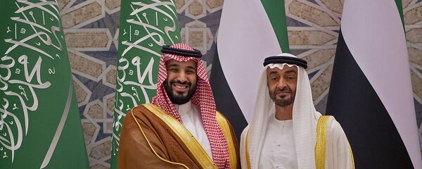 ولي عهد أبوظبي محمد بن زايد يصافح ولي العهد السعودي محمد بن سلمان في أبوظبي، الإمارات العربية المتحدة، 27 نوفمبر/ تشرين الثاني 2019 - سبوتنيك عربي