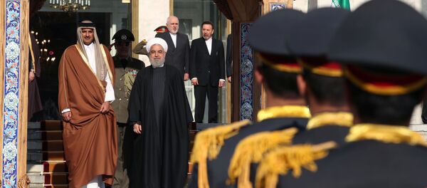 الرئيس الإيراني حسن روحاني مع أمير قطر الشيخ تميم بن حمد بن خليفة آل ثاني خلال حفل استقبال في طهران - سبوتنيك عربي