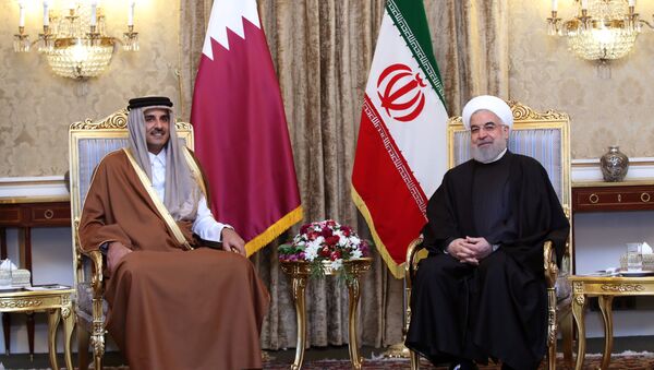 الرئيس الإيراني حسن روحاني مع أمير قطر الشيخ تميم بن حمد بن خليفة آل ثاني خلال حفل استقبال في طهران - سبوتنيك عربي