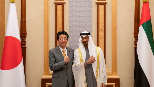 ولي عهد أبوظبي الشيخ محمد بن زايد آل نهيان ورئيس الوزراء الياباني شينزو آبي خلال اجتماع في أبوظبي - سبوتنيك عربي