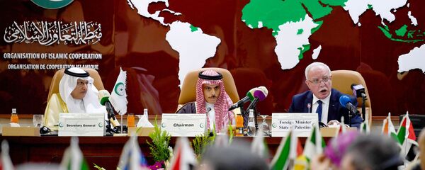 وزير الخارجية الفسلطيني رياض المالكي، مع وزير الخارجية السعودي، الأمير فيصل بن فرحان بن عبدالله بالإضافة إلى الأمين العام لمنظمة التعاون الإسلامي يوسف بن أحمد العثيمين - سبوتنيك عربي