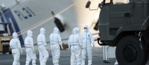 مسؤولون بأقنعة واقية حول سفينة أميرة الألماس السياحية الراسية قبالة السواحل اليابانية والتي تخضع لحجر صحي بعد اكتشاف عدد من حالات الإصابة بفيروس كورونا بين ركابها في ميناء يوكوهاما - سبوتنيك عربي