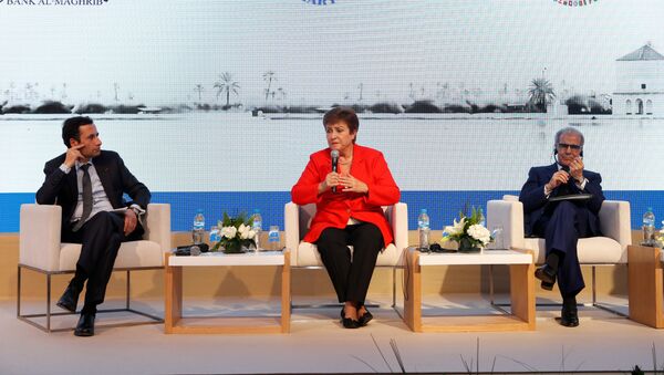 المديرة الإدارية لصندوق النقد الدولي كريستالينا جورجيفا تتحدث خلال مؤتمر صحفي بالرباط - سبوتنيك عربي