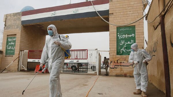 عمال يرتدون سترات واقية يرشون المطهرات بالقرب من بوابة معبر شلمشة بعد أن أغلق العراق معبر حدودي بين المسافرين بين العراق وإيران - سبوتنيك عربي