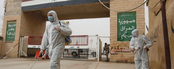 عمال يرتدون سترات واقية يرشون المطهرات بالقرب من بوابة معبر شلمشة بعد أن أغلق العراق معبر حدودي بين المسافرين بين العراق وإيران - سبوتنيك عربي