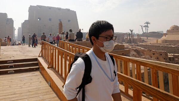 سائح يرتدي قناعًا وقائيًا عقب تفشي فيروس كورونا (COVID-19) أثناء زيارته لمعبد الأقصر في مصر - سبوتنيك عربي