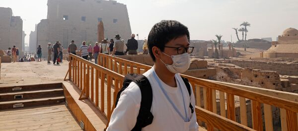 سائح يرتدي قناعًا وقائيًا عقب تفشي فيروس كورونا (COVID-19) أثناء زيارته لمعبد الأقصر في مصر - سبوتنيك عربي