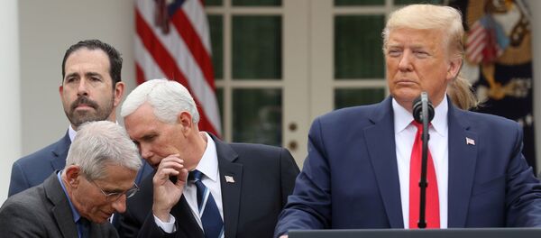 الرئيس الأمريكي دونالد ترامب ونائب الرئيس التنفيذي لمجموعة بروس غرينشتاين مدير المعهد الوطني للحساسية والأمراض المعدية أنتوني فوسي ونائب الرئيس مايك بنس خلال مؤتمر صحفي حيث أعلن الرئيس أن وباء الفيروس التاجي حالة طوارئ وطنية في حديقة الورود في البيت الأبيض في واشنطن - سبوتنيك عربي