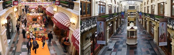 موسكو قبل وبعد إغلاق الأماكن العامة، في إطار اجراءات للوقاية من فيروس كورونا، المحل التجاري غوم على الساحة الحمراء، 28  مارس 2020 - سبوتنيك عربي