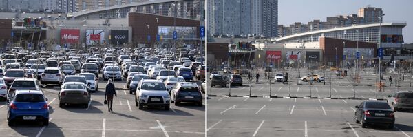 موسكو قبل وبعد إغلاق الأماكن العامة، في إطار اجراءات للوقاية من فيروس كورونا، المركز التجاري ميغا خيمكي في ضواحي موسكو، 28  مارس 2020 - سبوتنيك عربي