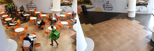 موسكو قبل وبعد إغلاق الأماكن العامة، في إطار اجراءات للوقاية من فيروس كورونا، المحل التجاري غاليريا نوفوسيبيرسك، 28  مارس 2020 - سبوتنيك عربي