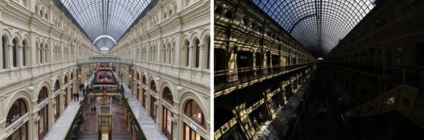 موسكو قبل وبعد إغلاق الأماكن العامة، في إطار اجراءات للوقاية من فيروس كورونا، المحل التجاري غوم على الساحة الحمراء، 28  مارس 2020 - سبوتنيك عربي