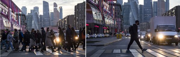 موسكو قبل وبعد إغلاق الأماكن العامة، في إطار اجراءات للوقاية من فيروس كورونا، شارع بولشايا دوروغوميلوفسكايا، 28  مارس 2020 - سبوتنيك عربي