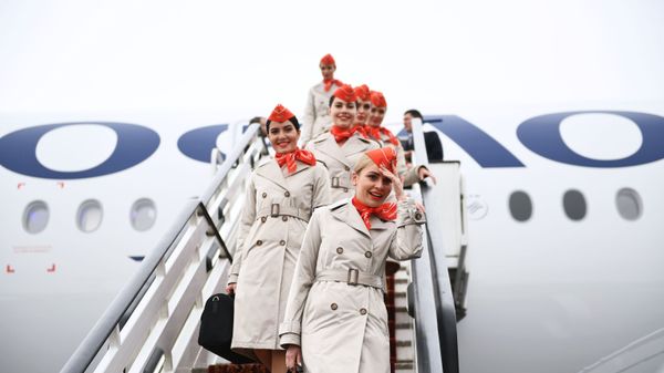 مضيفات الطيران ينزلن سلم طائرة الركاب المخصصة للرحلات طويلة المدى أيرباص A350-900 التابعة لشركة الطيران آيروفلوت الروسية، 4 مارس 2020 مضيفات الطيران ينزلن سلم طائرة الركاب المخصصة للرحلات طويلة المدى أيرباص A350-900 التابعة لشركة الطيران آيروفلوت الروسية، 4 مارس 2020 - سبوتنيك عربي