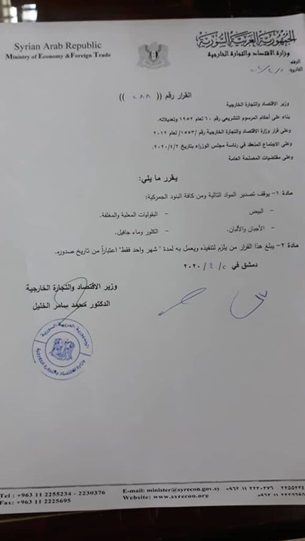 الحكومة السورية تحظر تصدير قائمة من مواد التعقيم والسلع الغذائية - سبوتنيك عربي