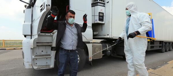 عامل صحي يرتدي بدلة واقية يرش سائق يرتدي قناع وجه بعد تفشي مرض فيروس كورونا في دهوك في العراق - سبوتنيك عربي