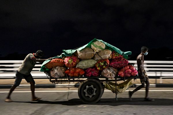 عامل يدفع عربة بالخضار والفاكهة على طول الشارع أثناء الإغلاق التام على نطاق الدولة كتدبير وقائي ضد فيروس كورونا (كوفيد-19) في كولومبو،11 أبريل 2020 - سبوتنيك عربي
