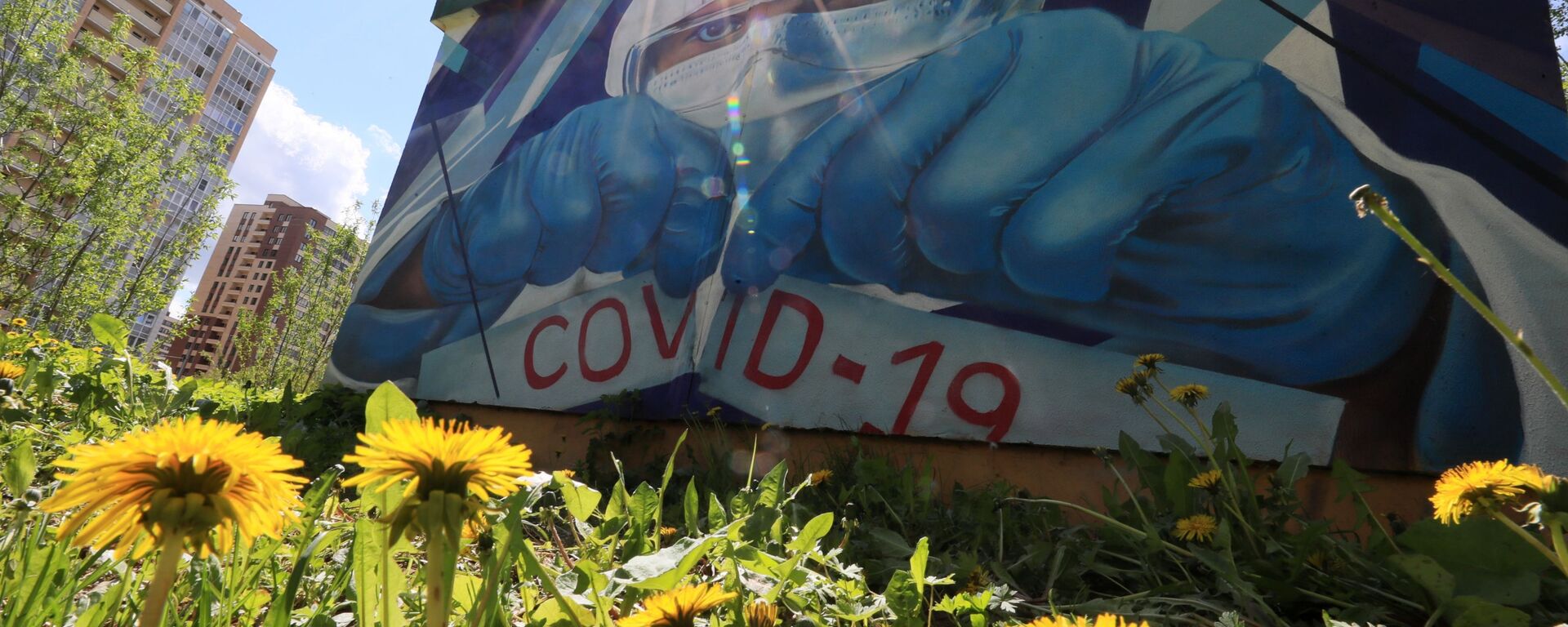 رسم غرافيتي لدعم الأطباء في مكافحة المرض الفيروس كوفيد -19، الذي يسببه فيروس كورونا، للفنانين ميخائيل وسيرغي يروفيف على أحد منازل مدينة كراسنوغورسك بضواحي موسكو - سبوتنيك عربي, 1920, 15.05.2020