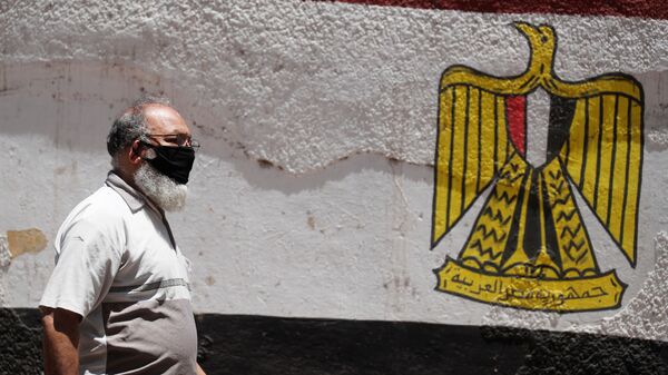 رجل يرتدي قناع الوجه الواقي لمنع انتشار مرض فيروس كورونا (COVID-19) يمشي بجوار جدار مطلي بألوان علم مصر في وسط القاهرة - سبوتنيك عربي