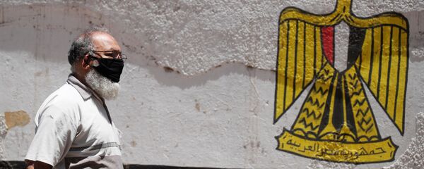 رجل يرتدي قناع الوجه الواقي لمنع انتشار مرض فيروس كورونا (COVID-19) يمشي بجوار جدار مطلي بألوان علم مصر في وسط القاهرة - سبوتنيك عربي