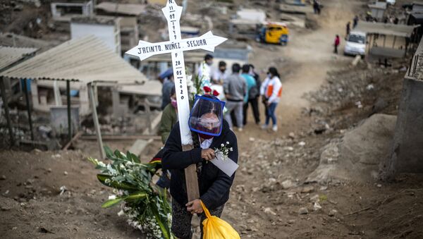 أحد أقرباء ضحايا كوفيد-19 يحمل صلبيا في مقبرة في ضواحي مدينة ليما، بيرو 30 مايو 2020 - سبوتنيك عربي